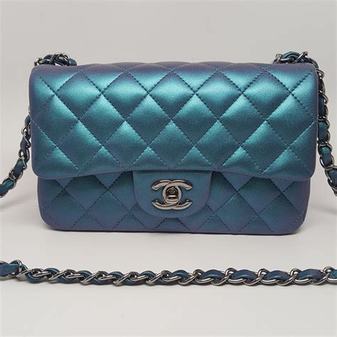 chanel mini flap turquoise with white interior bag